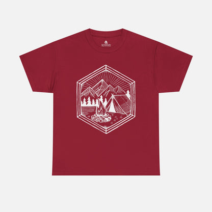 Nature’s Refuge Cardinal Red Camping T-Shirt displayed flat on a white background, showcasing a geometric outdoor adventure design.