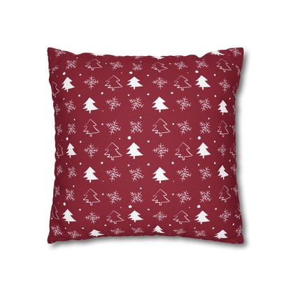 Red-Pillow case featuring a winter snowflake and tree pattern, displayed on a white background, perfect for adding a festive and cozy touch to winter home decor.