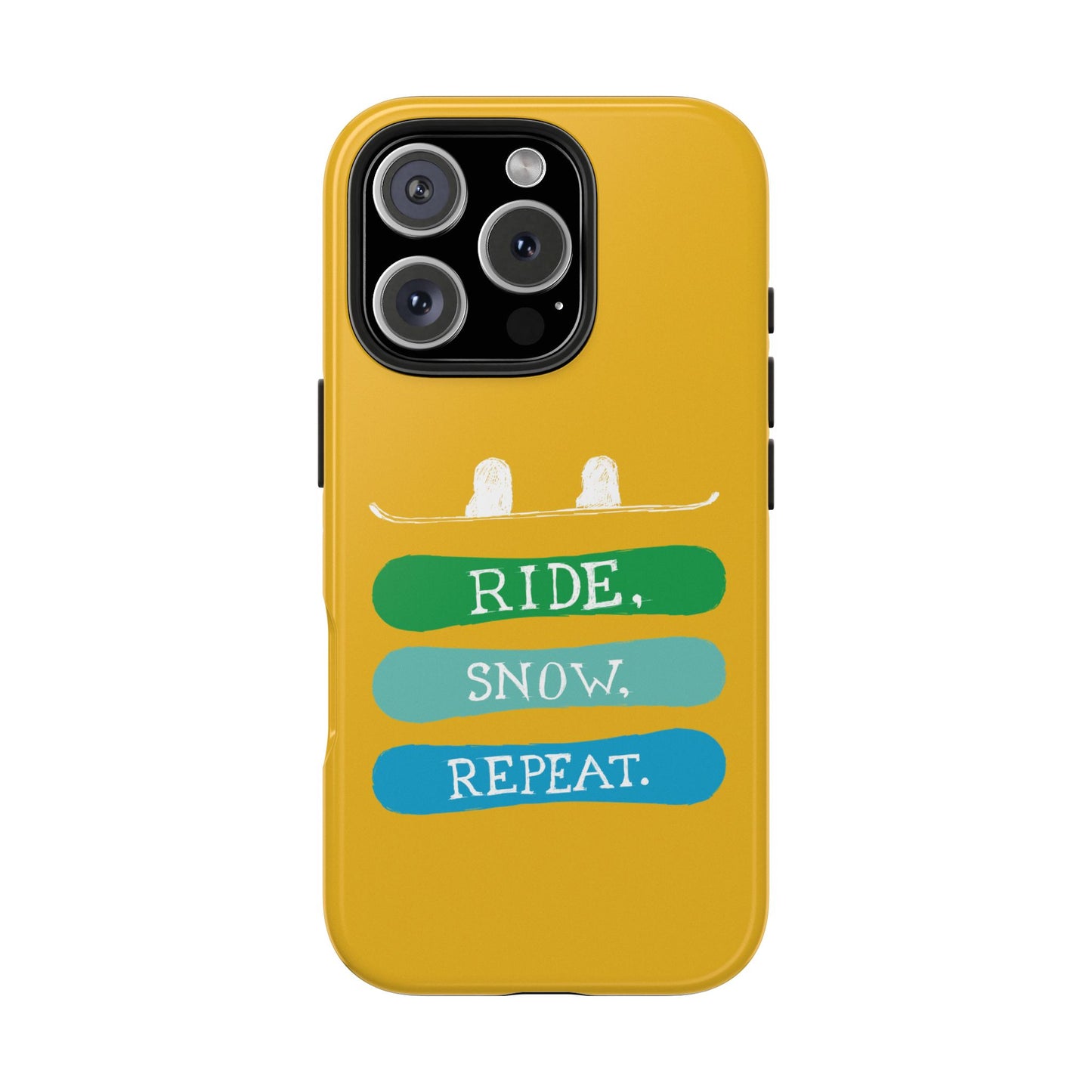 
Tough Phone Case with Ride Snow Repeat snowboard design, displayed on a white background to highlight its sleek style and durable construction.