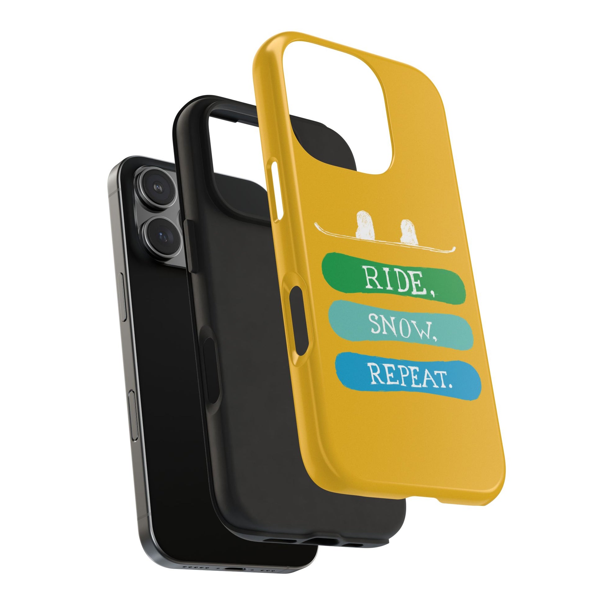 Expanded view of the Tough Phone Case with Ride Snow Repeat design, highlighting its durable rubber liner and snowboard-themed graphics.