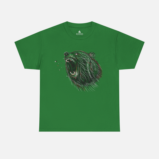 A roaring bear on green tee displayed on a white background.