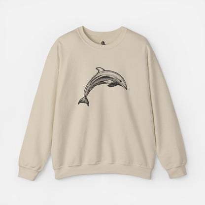 Sand color Minimalist Pen & Ink Dolphin Illustration Sweatshirt front view on white background, featuring an elegant dolphin design for ocean lovers and artistic fashion enthusiasts.