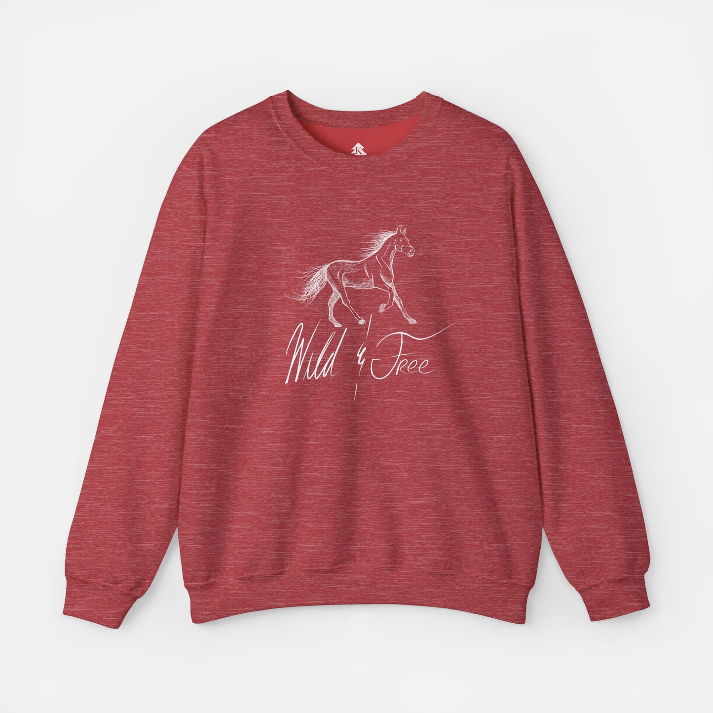 Wild and Free Elegant Horse Illustration Sweatshirt in heather sport scarlet red on a white background, featuring a graceful equine design for horse lovers and equestrian fashion enthusiasts.