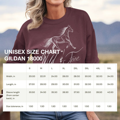 Size chart for Wild and Free Elegant Horse Illustration Sweatshirt, providing detailed measurements for a perfect fit in this equestrian-inspired apparel.