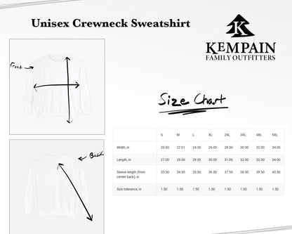 Image of size chart for Kempain Family Outfitters Unisex Crewneck Sweatshirt detailing measurements for selecting the perfect size.