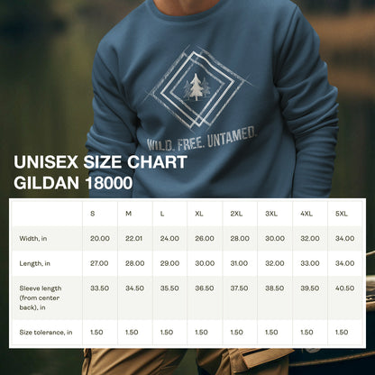 Size chart for Wild. Free. Untamed. Rustic Crewneck Sweatshirt, providing detailed measurements for a unisex comfortable and relaxed fit.