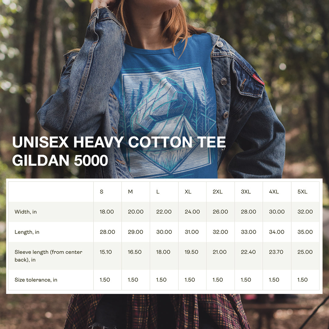Size chart for the Off-the-Grid Camping T-Shirt, providing detailed measurements for a comfortable and relaxed fit.