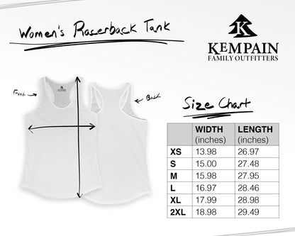 Size chart for Kempain Family Outfitters Racerback Tank Tops for Women, providing accurate measurements for a comfortable fit.