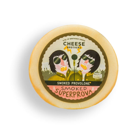 A round cheese wheel with a decorative paper label reading 'CHEESE Brothers' and 'SMOKED PROVOLONE SMOKED SUPERPROVA' on a white background.