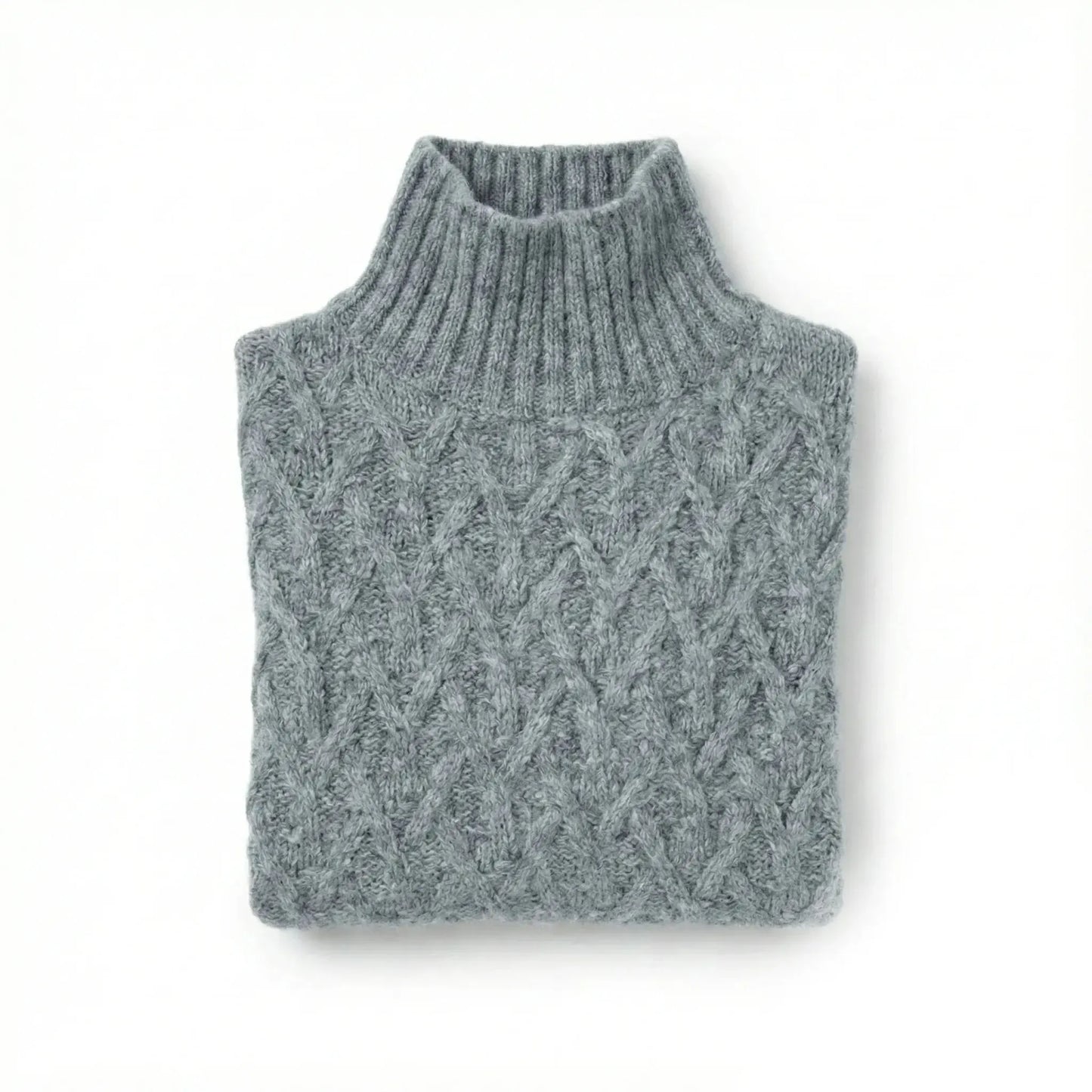 Steel Grey alpaca wool sweater featuring a lattice cable knit pattern and mock neck design on a white background.
