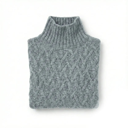 Steel Grey alpaca wool sweater featuring a lattice cable knit pattern and mock neck design on a white background.