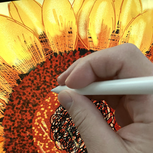 Artist Jordan Kempain drawing a detailed sunflower using an Apple Pencil on a tablet, showcasing the hand-drawn design process behind the Sunflower Pattern Phone Case.