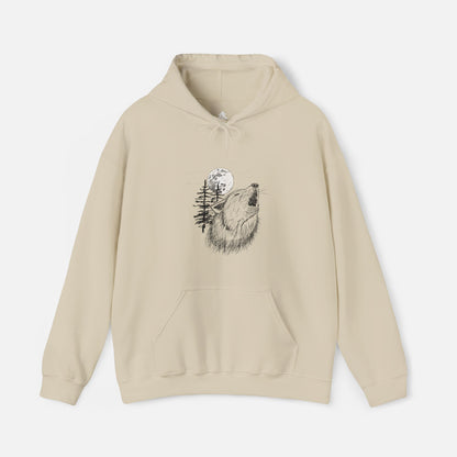 Tan hoodie featuring a detailed illustration of a howling wolf and moon, perfect for outdoor enthusiasts and nature lovers. Comfortable, stylish, and ideal for casual wear or chilly nights.