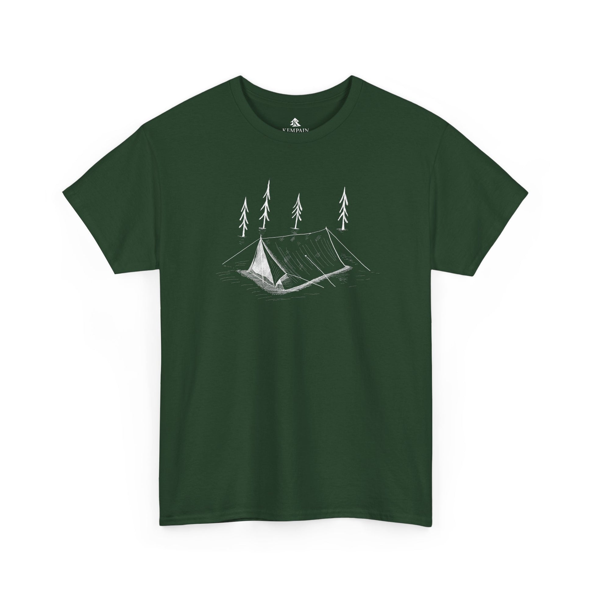 A green t-shirt on white background featuring a Tent with trees in the woods for anyone that like tent camping.