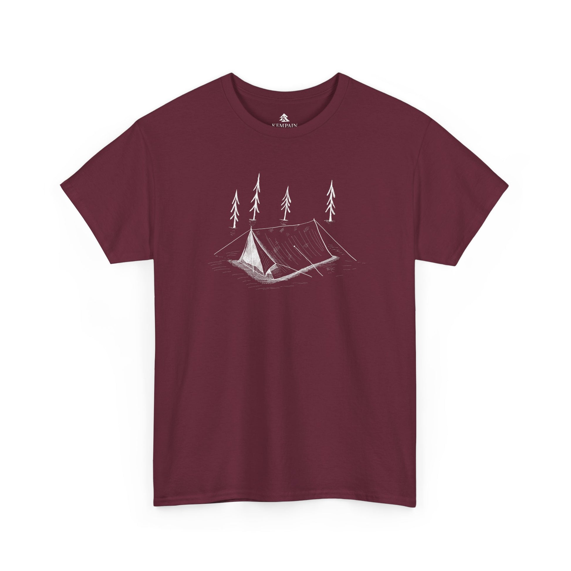 A maroon t-shirt on white background featuring a Tent with trees in the woods for anyone that like tent camping.