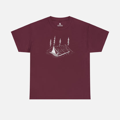A maroon t-shirt on white background featuring a Tent with trees in the woods for anyone that like tent camping.