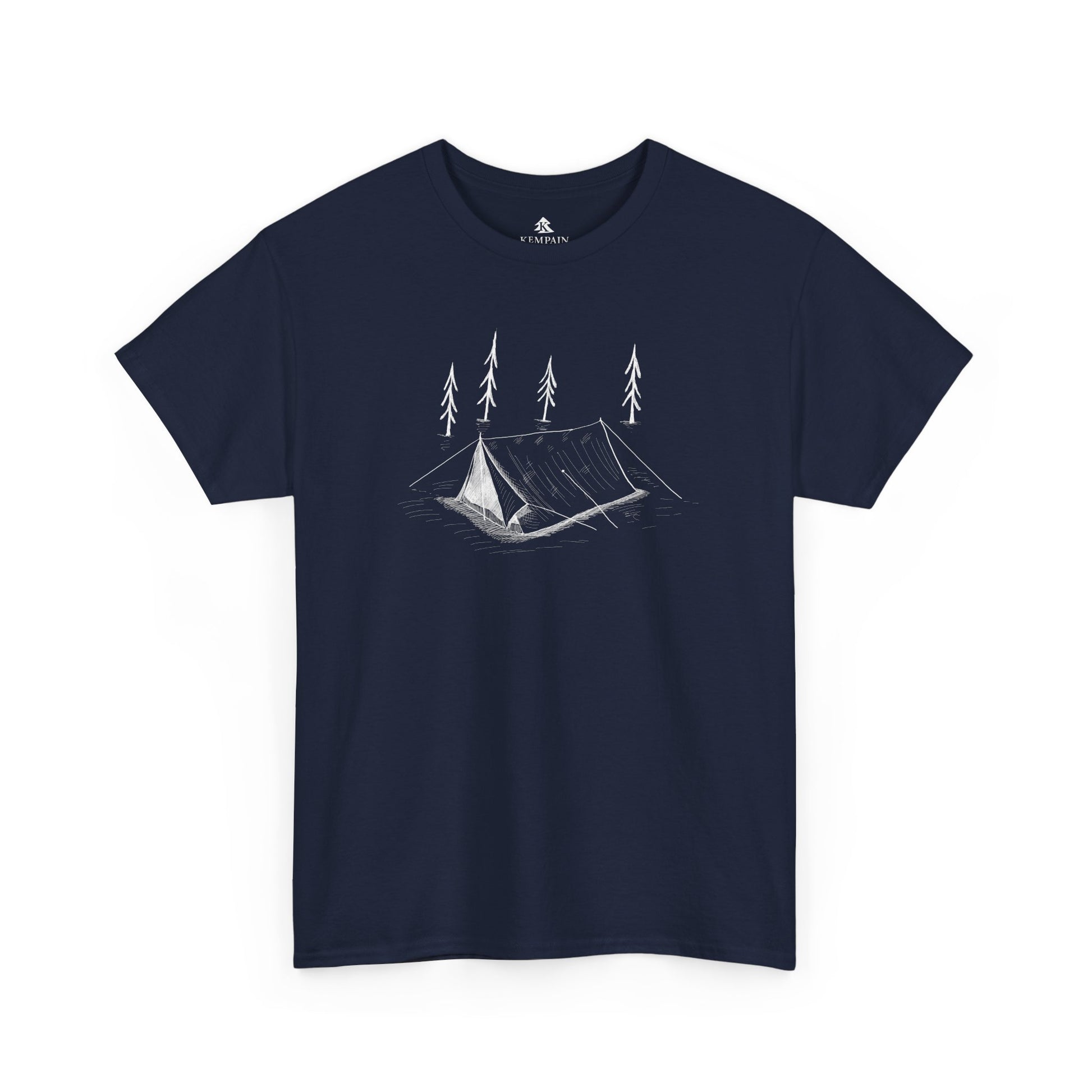 A navy blue t-shirt on white background featuring a Tent with trees in the woods for anyone that like tent camping.