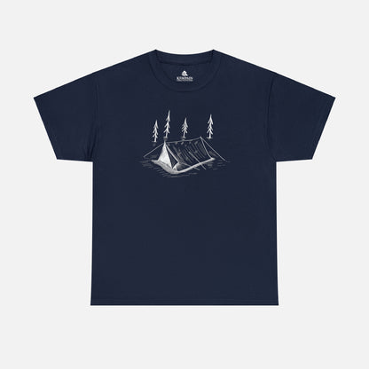 A navy blue t-shirt on white background featuring a Tent with trees in the woods for anyone that like tent camping.