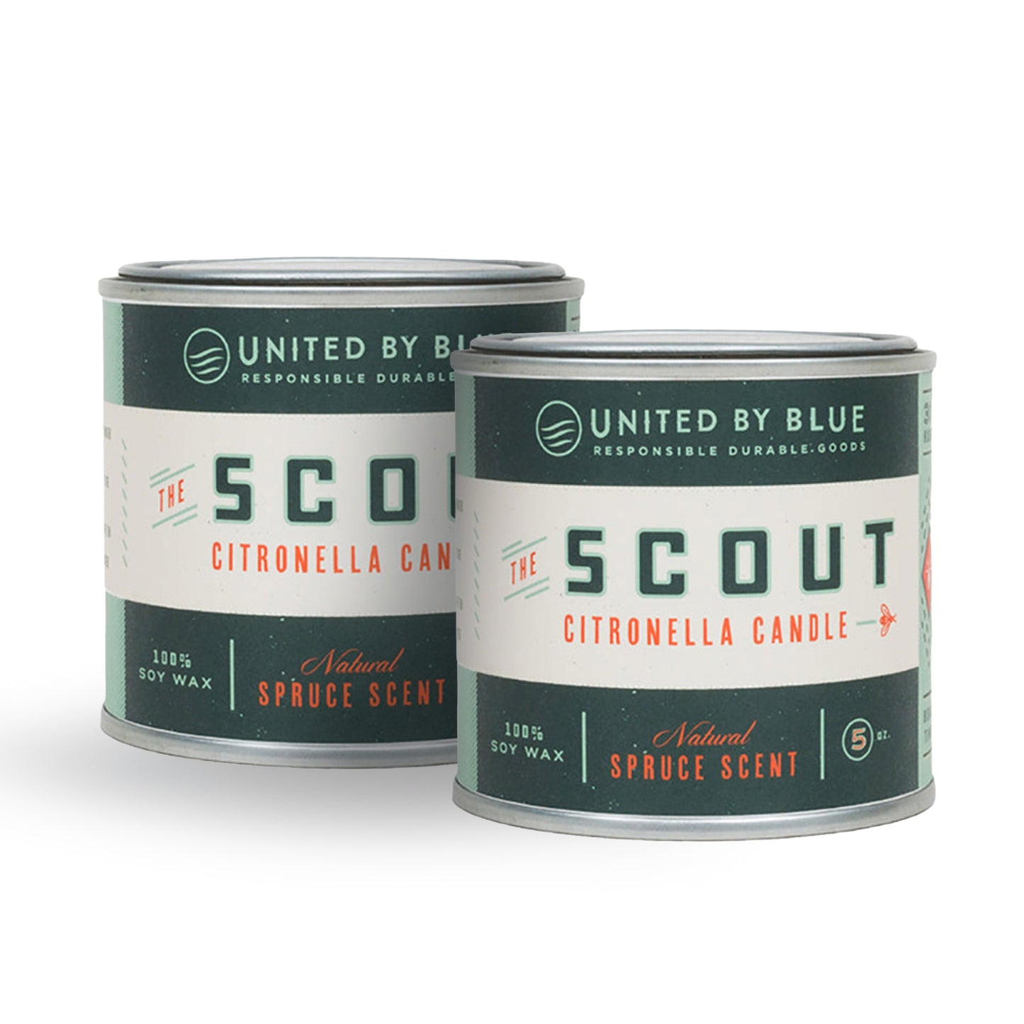 100% GMO-free soy wax for a soot-free, non-toxic burn the 5oz Scout Citronella Candle 2-Pack from United By Blue is displayed on a white background.