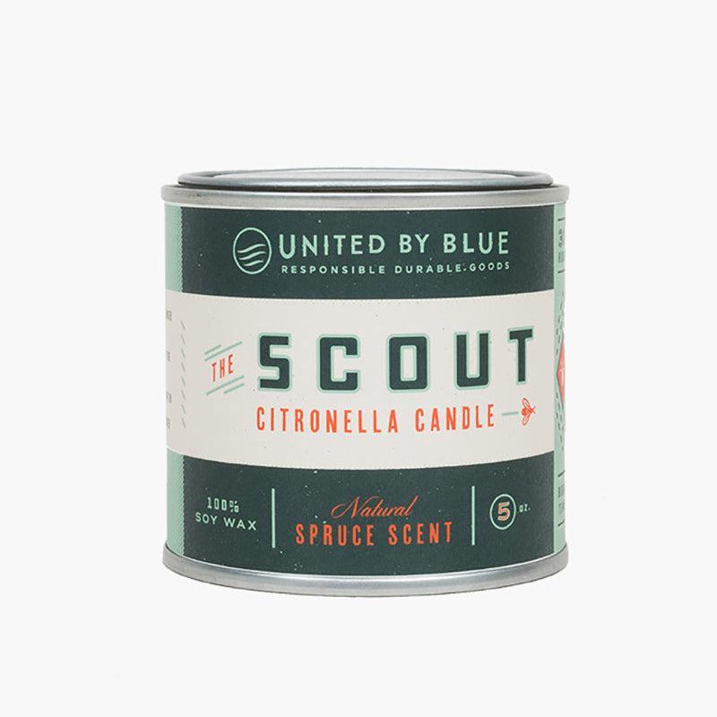 100% GMO-free soy wax for a soot-free, non-toxic burn the 5oz Scout Citronella Candle from United By Blue is displayed on a white background.
