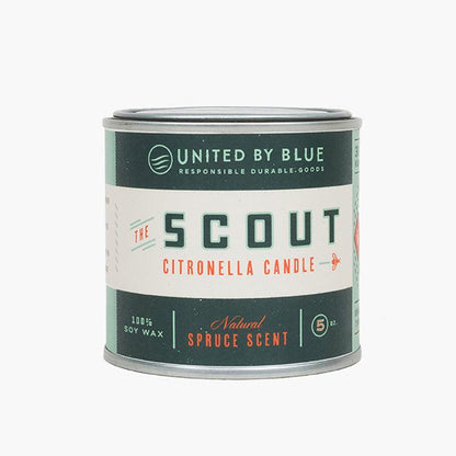 100% GMO-free soy wax for a soot-free, non-toxic burn the 5oz Scout Citronella Candle from United By Blue is displayed on a white background.