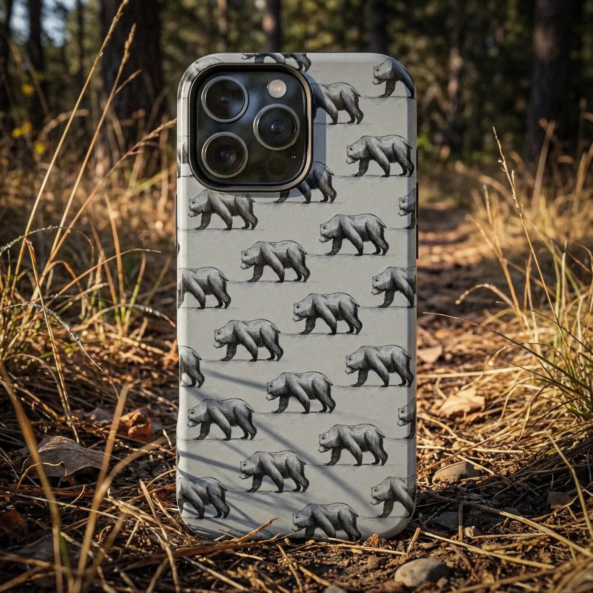 The Black Bear Phone Case featuring illustrated black bear pattern by Kempain-.