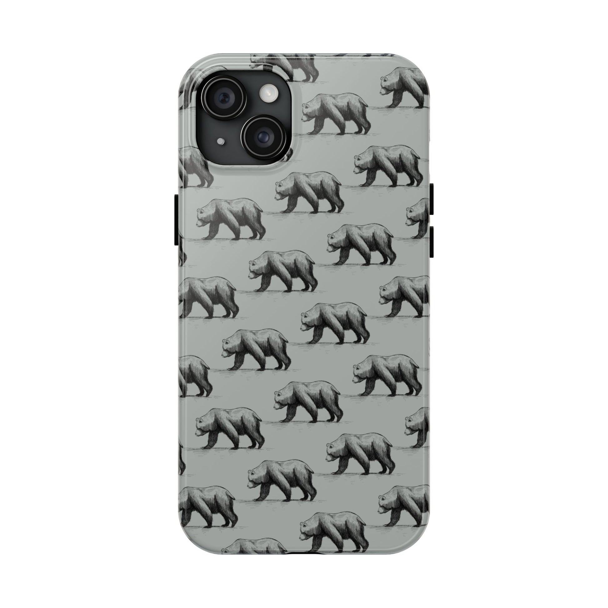 The Black Bear Phone Case featuring illustrated black bear pattern by Kempain-iPhone 15 Plus.