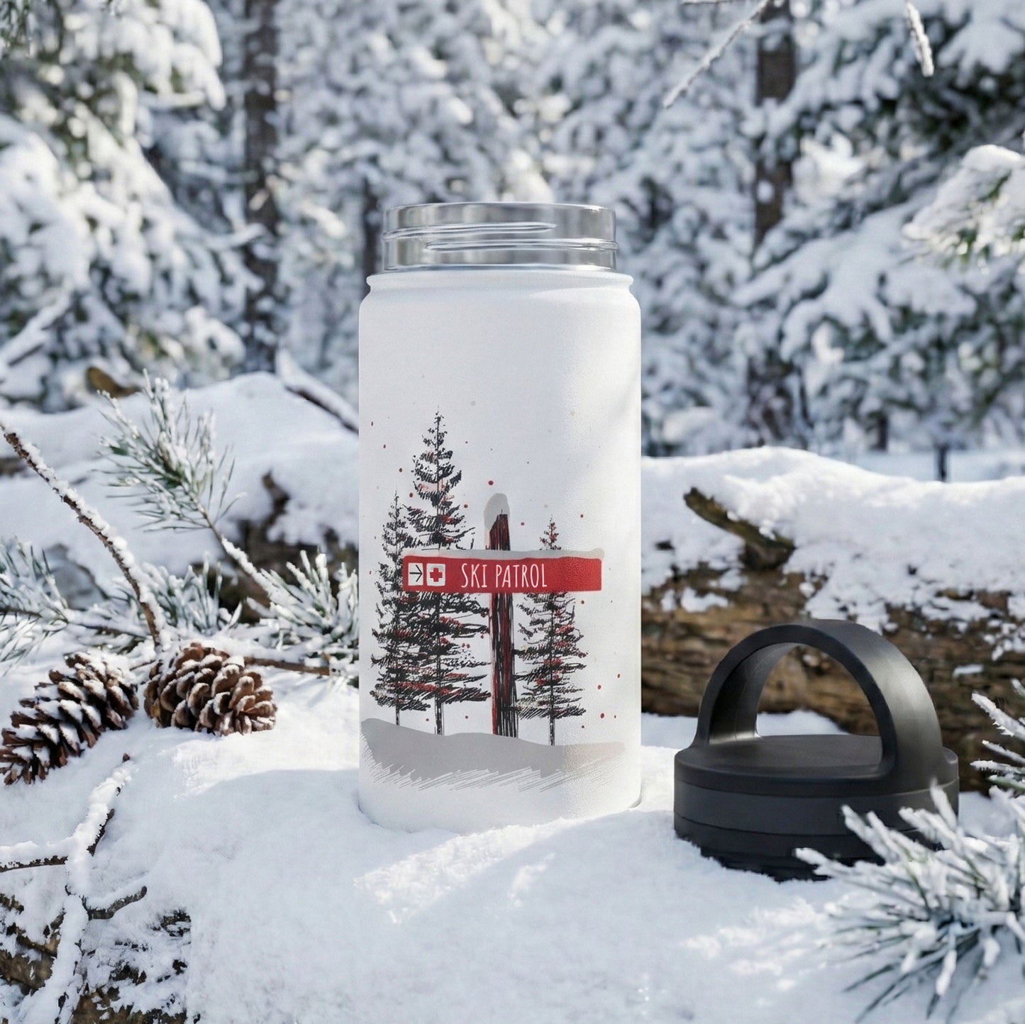 Custom Ski Patrol Ski Trail Signpost Commissioned Water Bottle for Skiers and Snowboarders, Original Artwork by Jordan Kempain photographed in winter mountain scene.