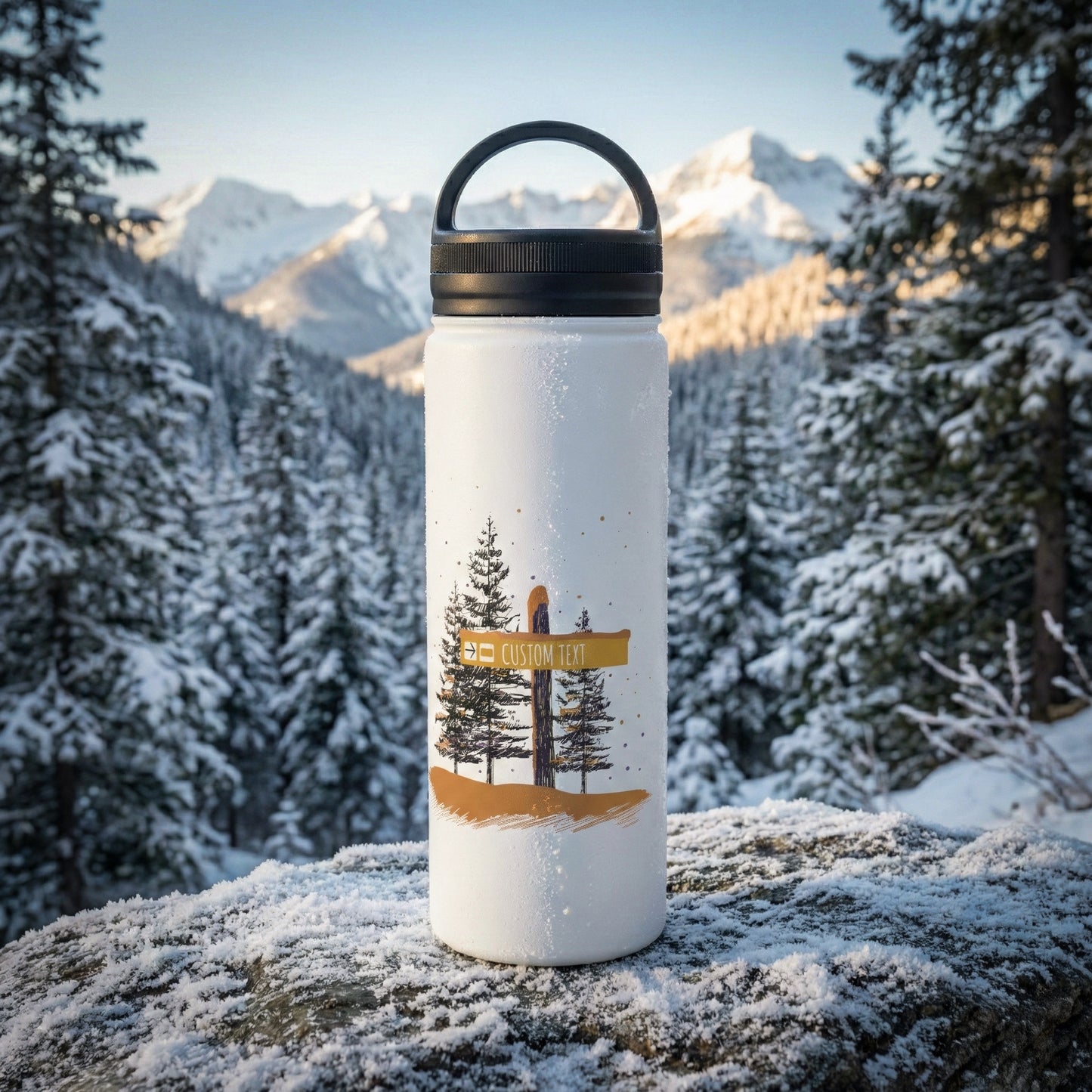 Custom Ski Trail Signpost Commissioned Water Bottle for Skiers and Snowboarders, Original Artwork by Jordan Kempain photographed in winter mountain scene.