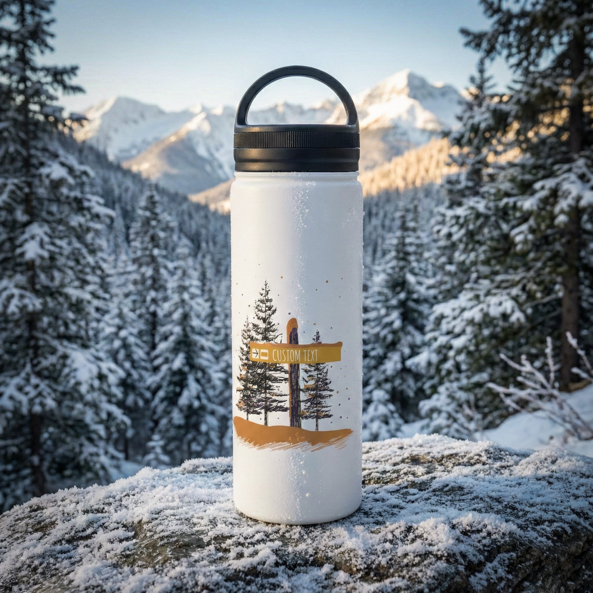Custom Ski Trail Signpost Commissioned Water Bottle for Skiers and Snowboarders, Original Artwork by Jordan Kempain photographed in winter mountain scene.