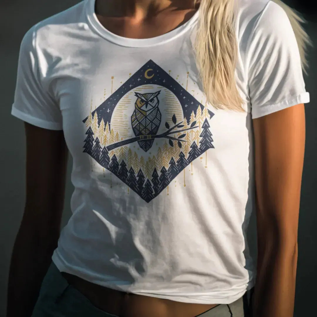 The Forest Owl 100 percent cotton Women’s T-Shirt by Kempain, available in sizes Small through 5XL.