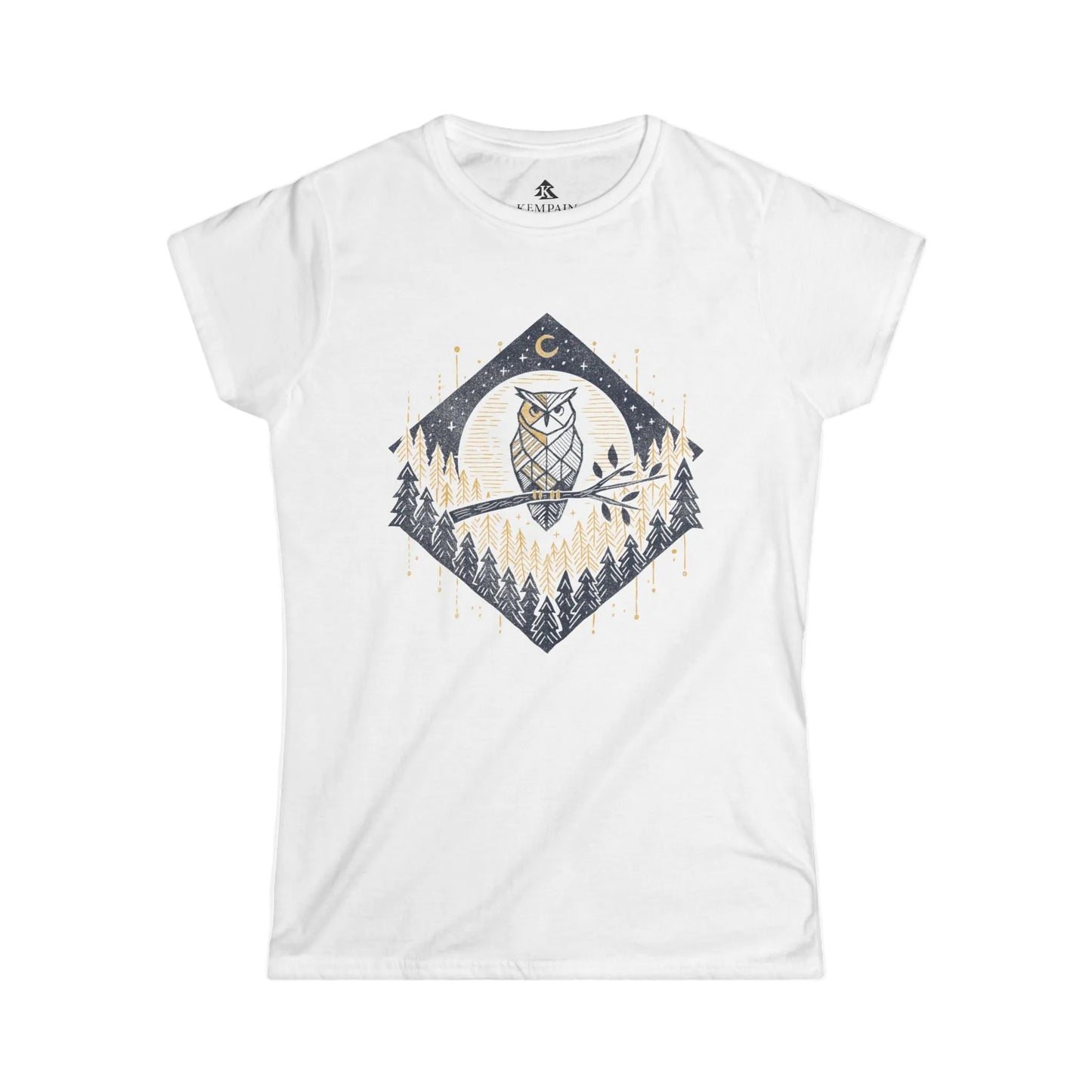 The Forest Owl 100 percent cotton Women’s T-Shirt by Kempain, in White, available in sizes Small through 5XL.