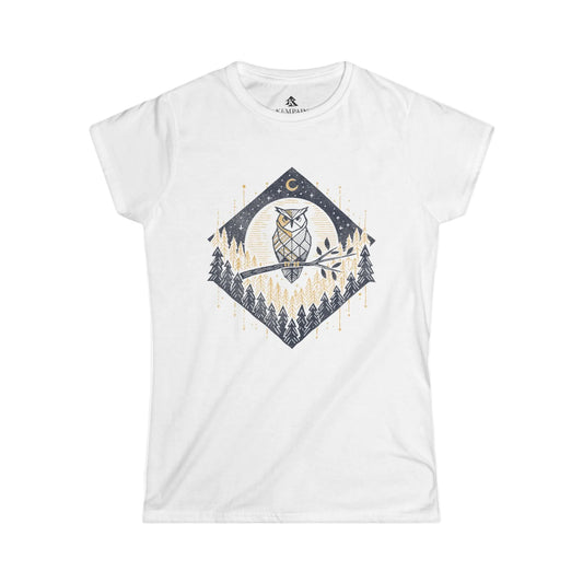 The Forest Owl 100 percent cotton Women’s T-Shirt by Kempain, in White, available in sizes Small through 5XL.