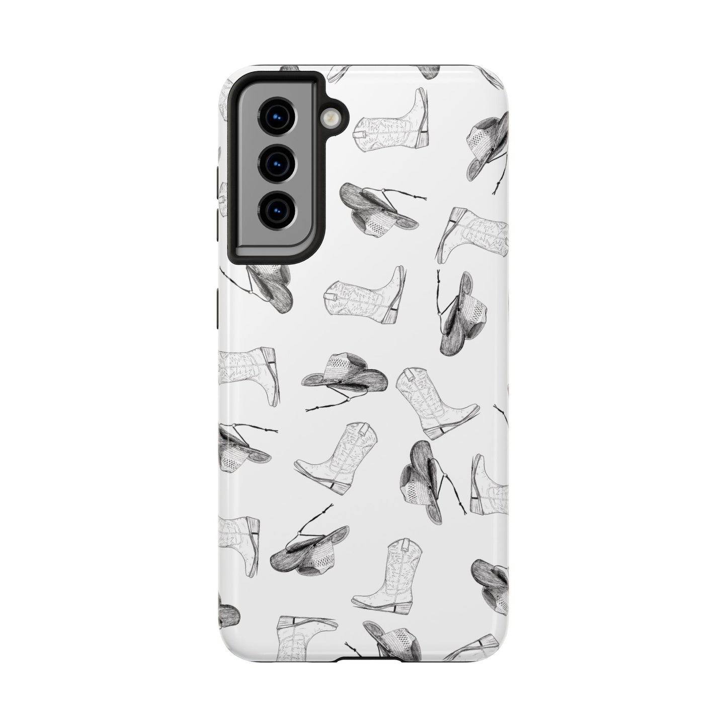 The Homestead cowgirl pattern Phone Case featuring illustrated cowgirl hat and boots by Kempain Samsung Galaxy S21.