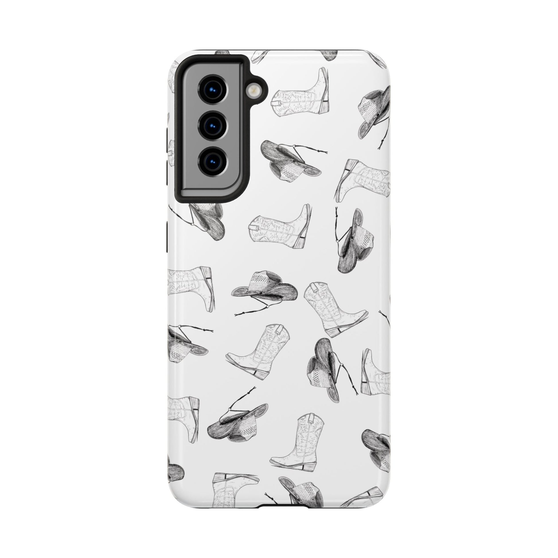 The Homestead cowgirl pattern Phone Case featuring illustrated cowgirl hat and boots by Kempain Samsung Galaxy S21.