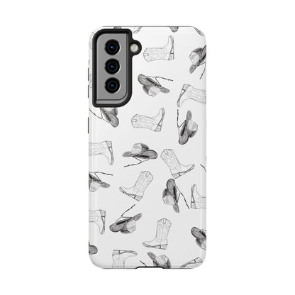 The Homestead cowgirl pattern Phone Case featuring illustrated cowgirl hat and boots by Kempain Samsung Galaxy S21.