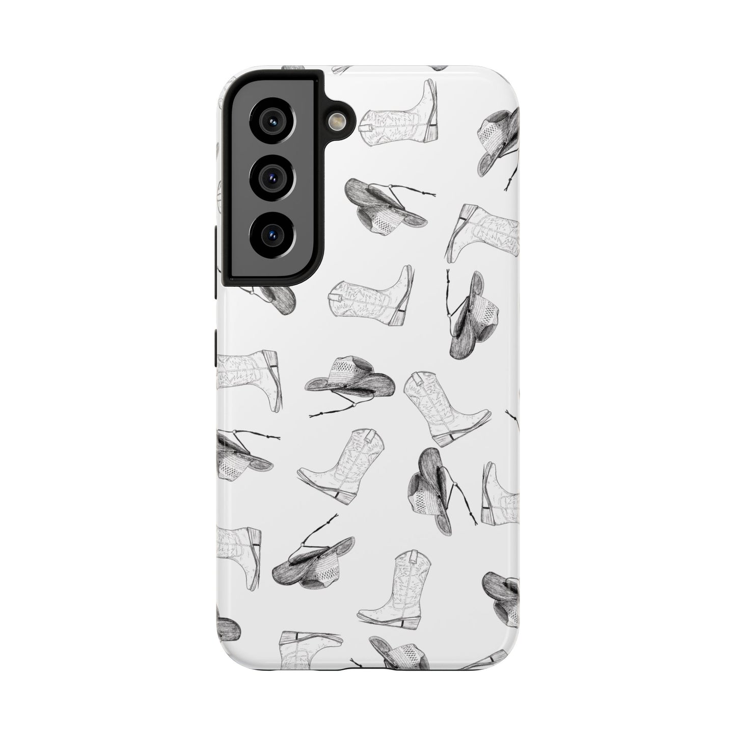 The Homestead cowgirl pattern Phone Case featuring illustrated cowgirl hat and boots by Kempain Samsung Galaxy S22.