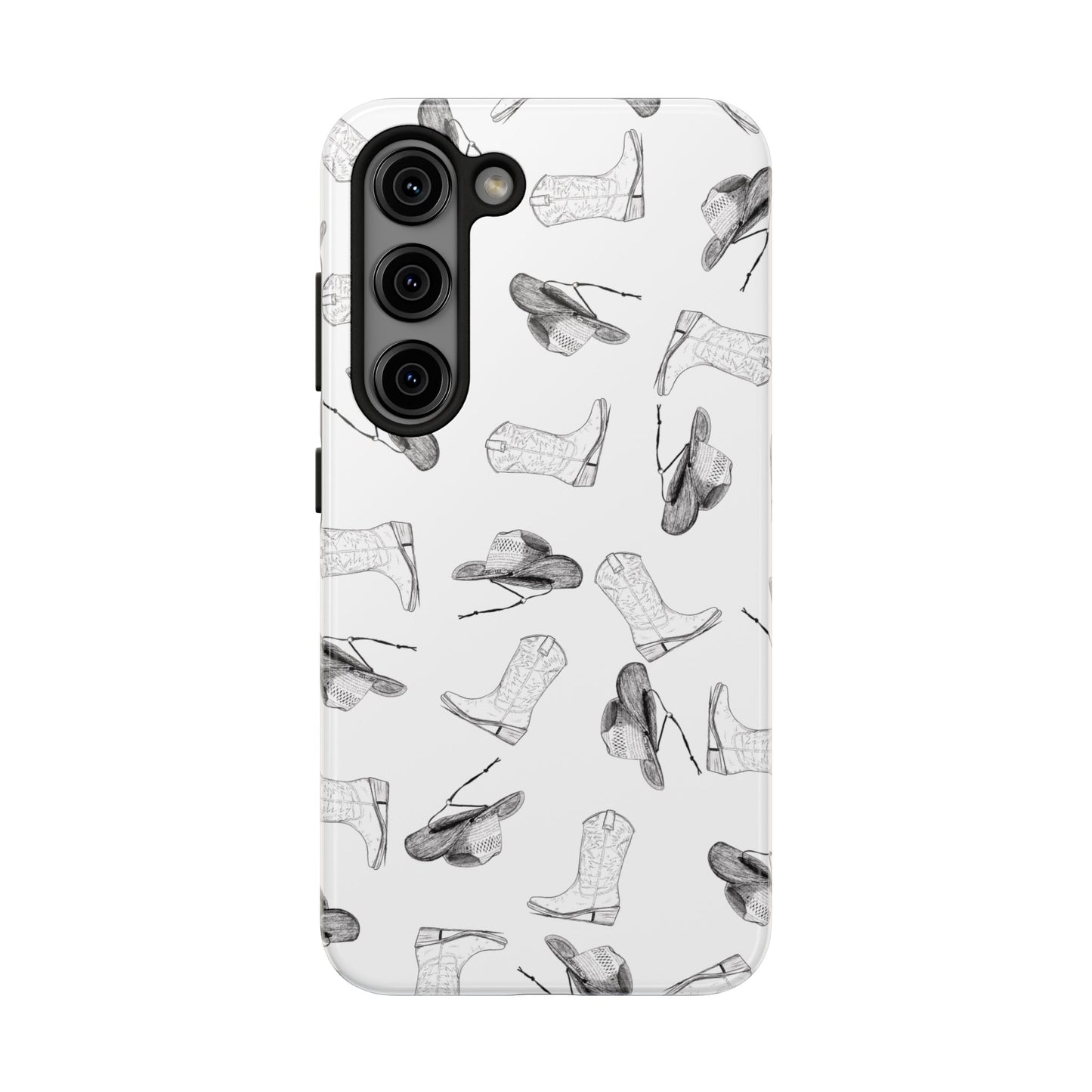 The Homestead cowgirl pattern Phone Case featuring illustrated cowgirl hat and boots by Kempain Samsung Galaxy S23.