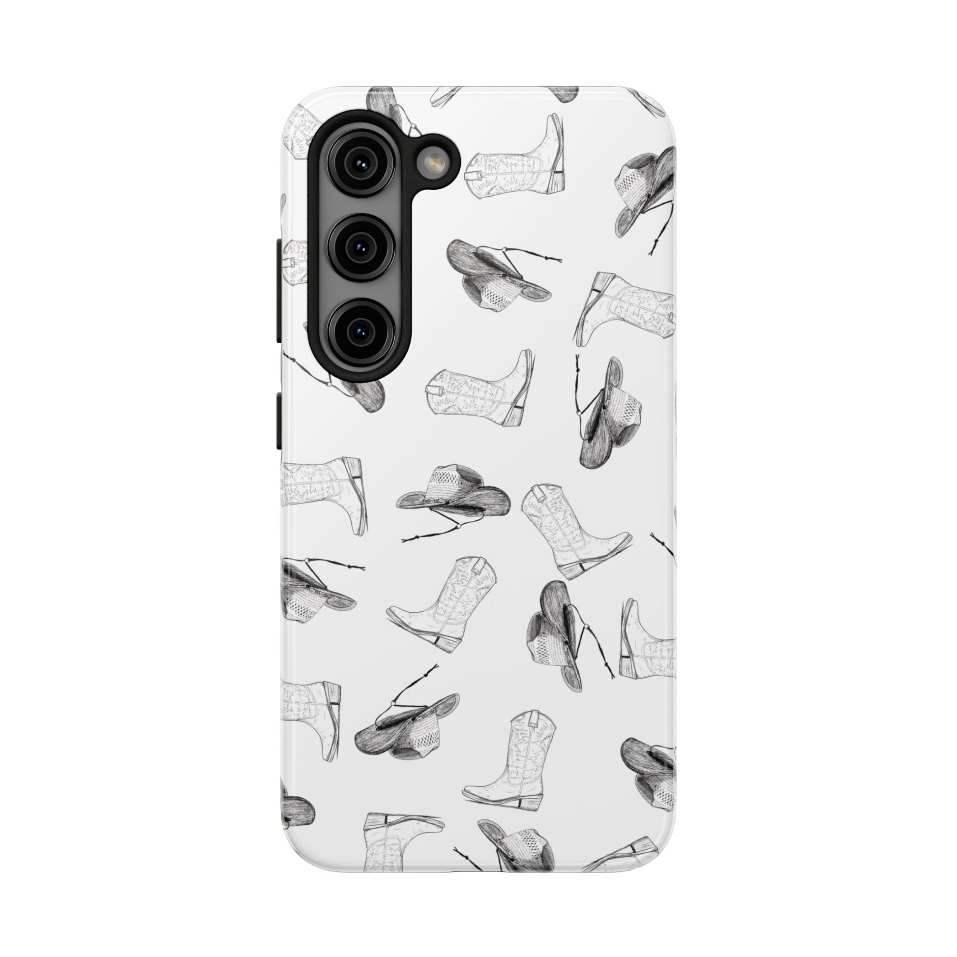 The Homestead cowgirl pattern Phone Case featuring illustrated cowgirl hat and boots by Kempain Samsung Galaxy S23.