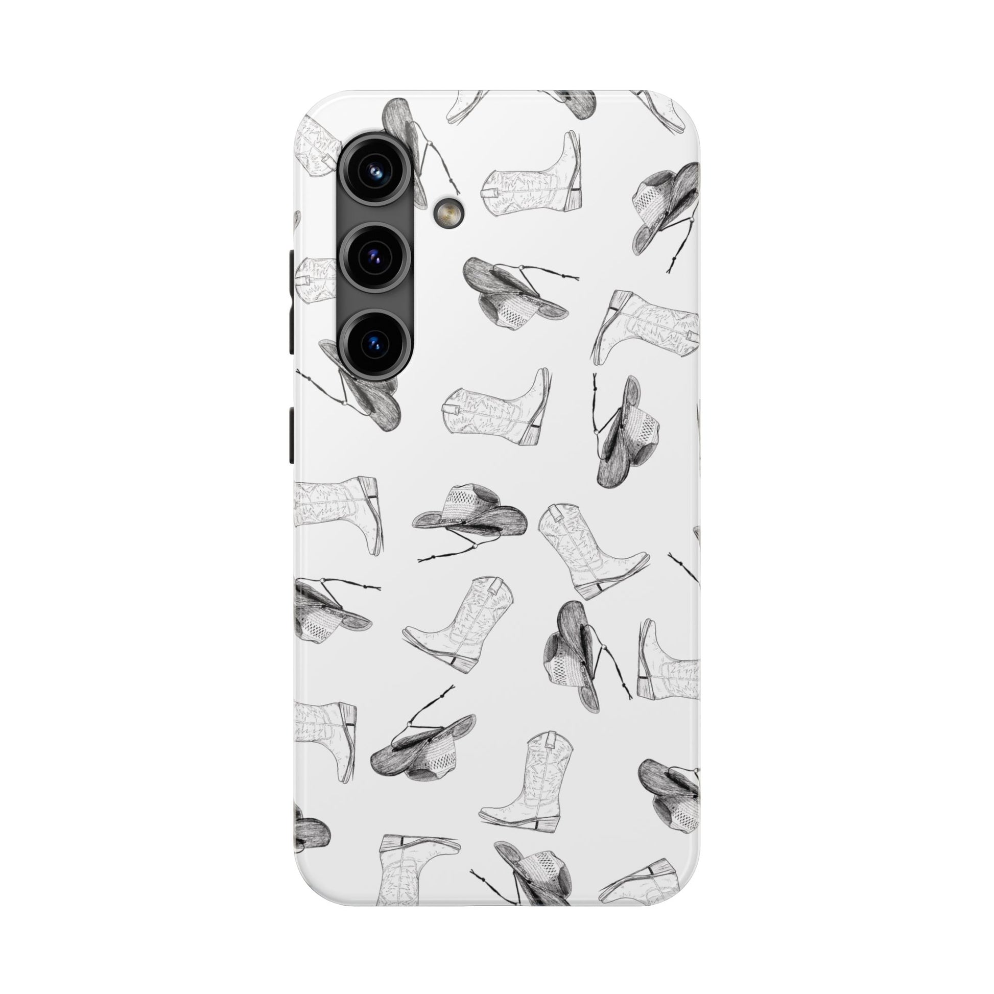 The Homestead cowgirl pattern Phone Case featuring illustrated cowgirl hat and boots by Kempain Samsung Galaxy S24.