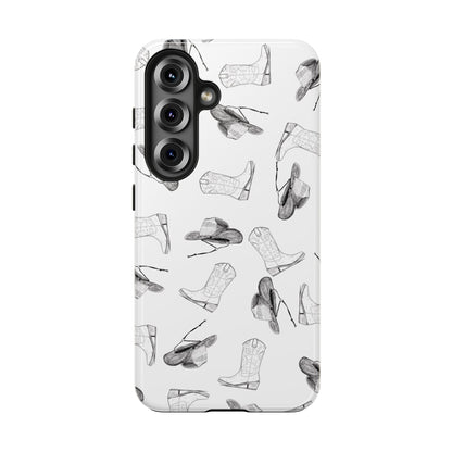 The Homestead cowgirl pattern Phone Case featuring illustrated cowgirl hat and boots by Kempain Samsung Galaxy S25.