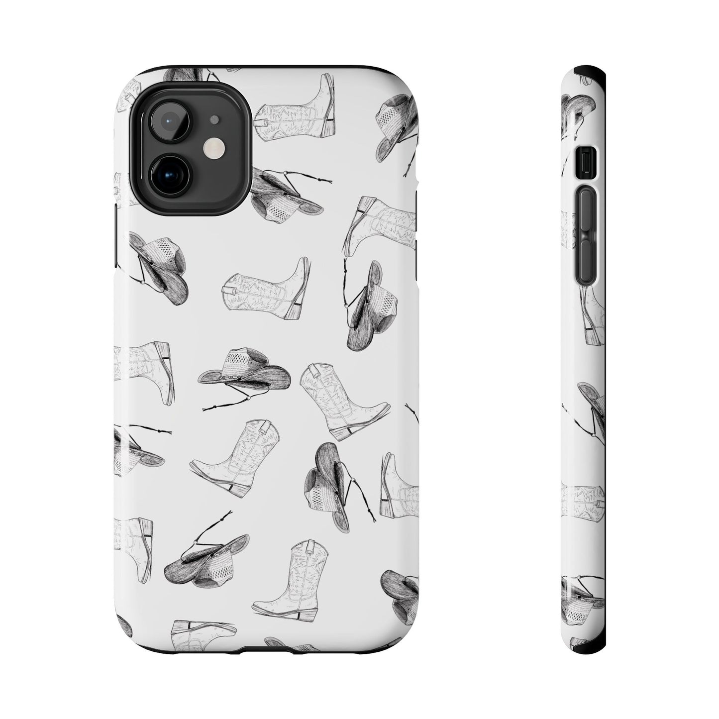 The Homestead cowgirl pattern Phone Case featuring illustrated cowgirl hat and boots by Kempain iPhone 11.