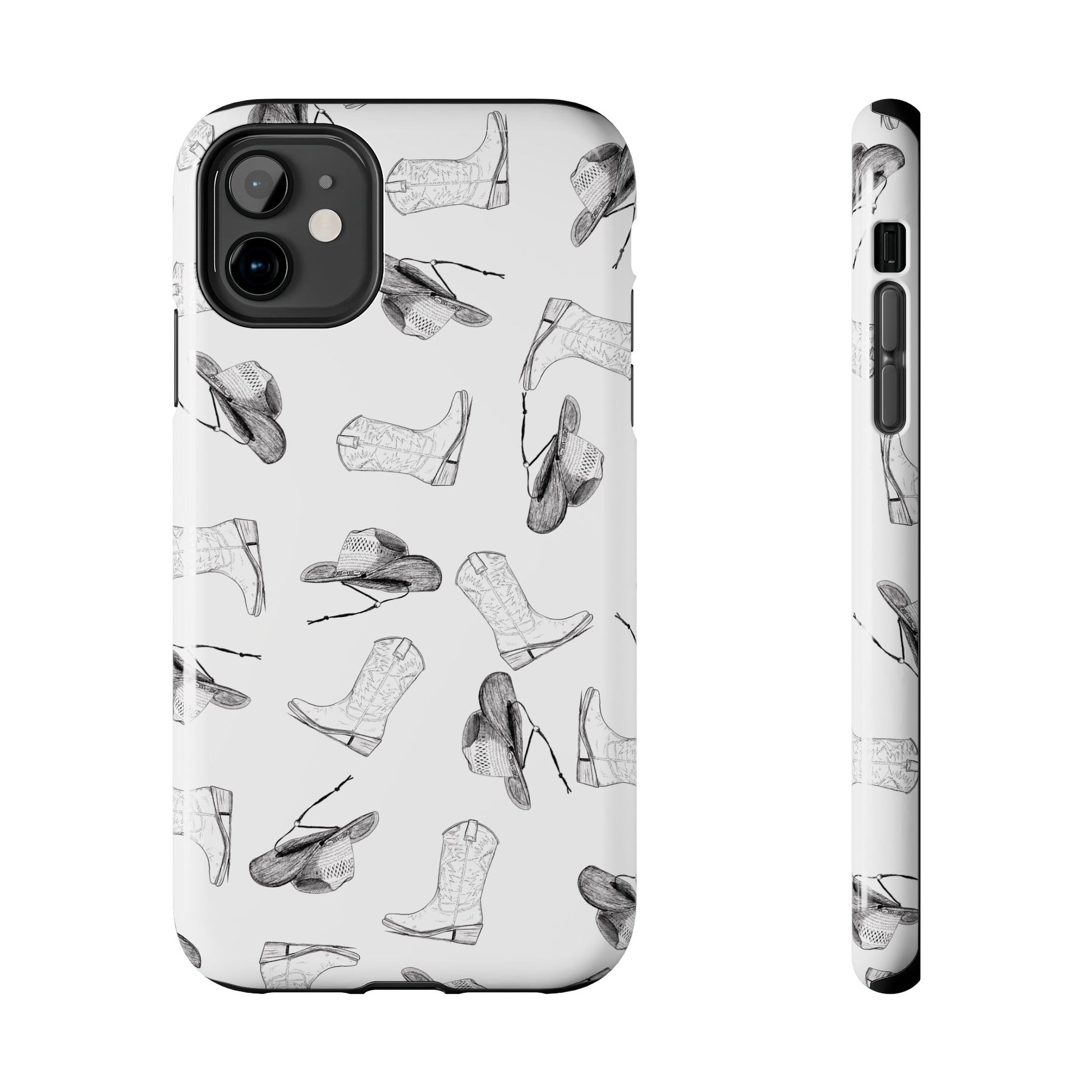The Homestead cowgirl pattern Phone Case featuring illustrated cowgirl hat and boots by Kempain iPhone 11.
