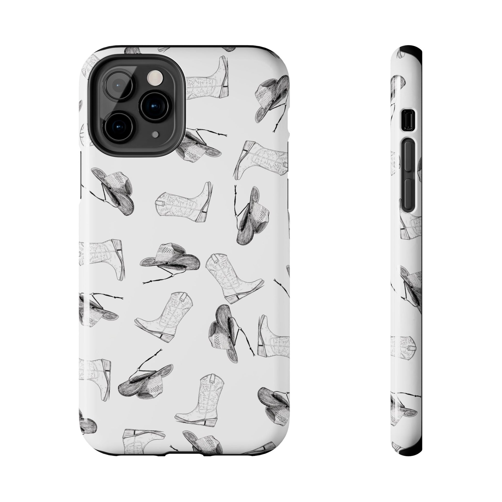 The Homestead cowgirl pattern Phone Case featuring illustrated cowgirl hat and boots by Kempain iPhone 11 Pro.