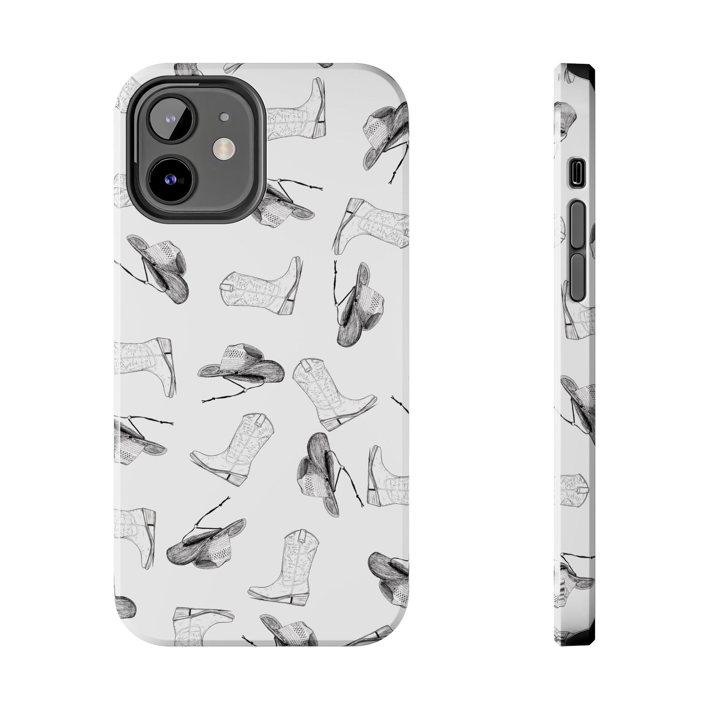 The Homestead cowgirl pattern Phone Case featuring illustrated cowgirl hat and boots by Kempain iPhone 12.