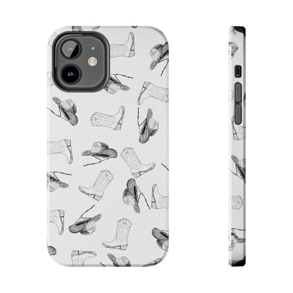 The Homestead cowgirl pattern Phone Case featuring illustrated cowgirl hat and boots by Kempain iPhone 12.