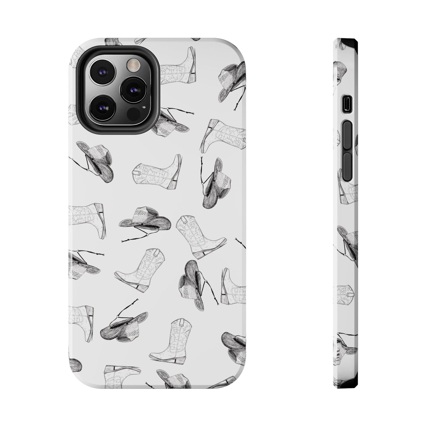 The Homestead cowgirl pattern Phone Case featuring illustrated cowgirl hat and boots by Kempain iPhone 12 Pro.
