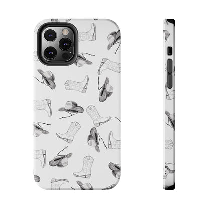 The Homestead cowgirl pattern Phone Case featuring illustrated cowgirl hat and boots by Kempain iPhone 12 Pro.
