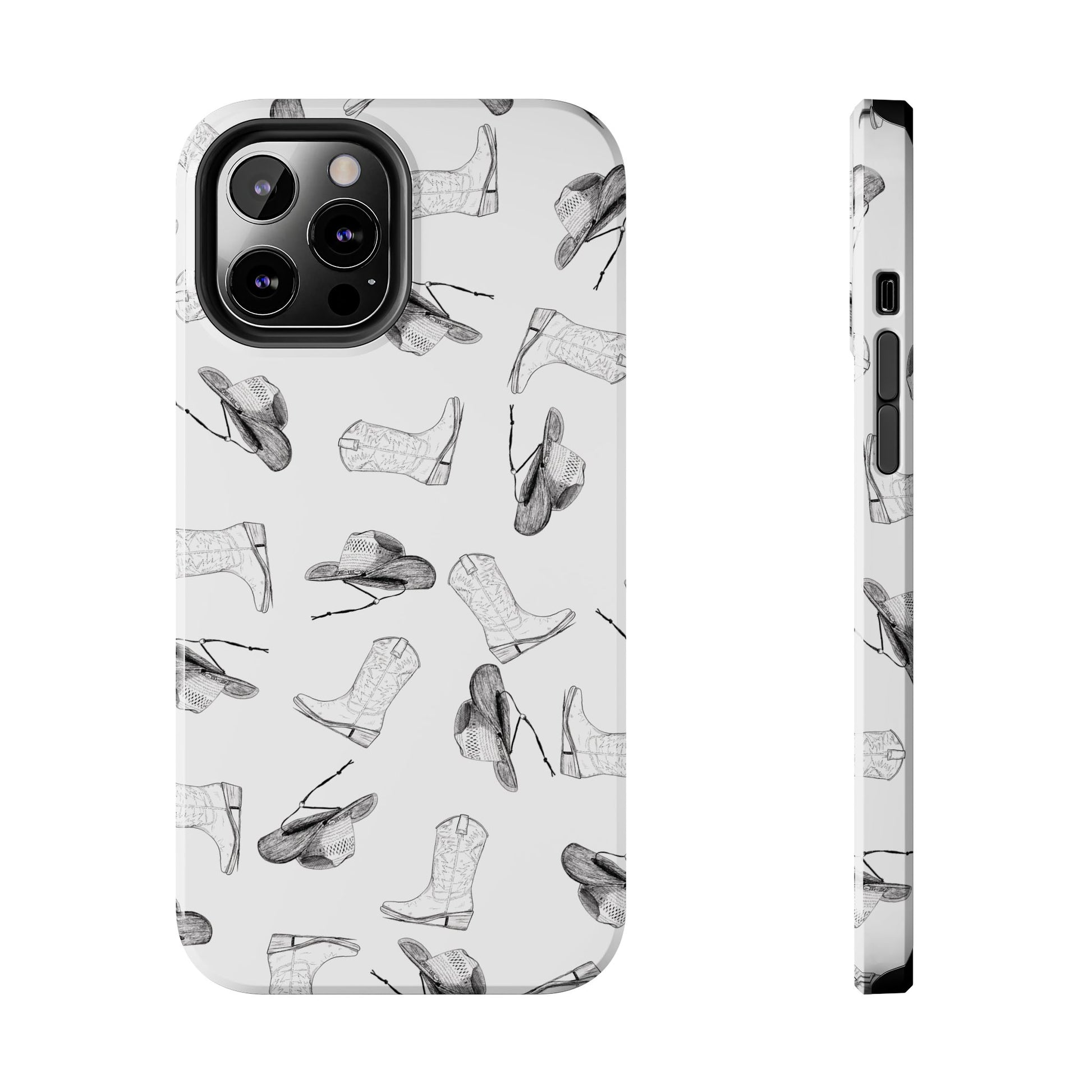 The Homestead cowgirl pattern Phone Case featuring illustrated cowgirl hat and boots by Kempain iPhone 12 Pro Max.