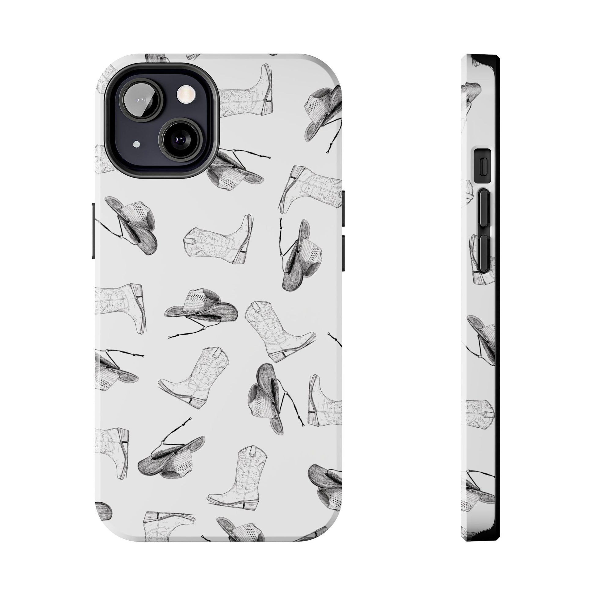 The Homestead cowgirl pattern Phone Case featuring illustrated cowgirl hat and boots by Kempain iPhone 13.
